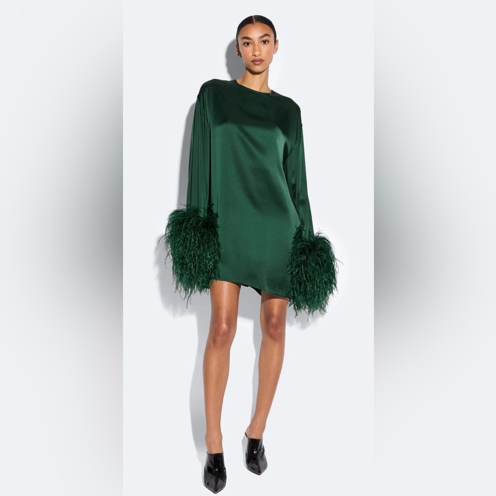 Lapointe Satin Silk Green Feather-Cuff Long Sleeve Mini Dress Medium